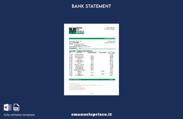 modello Excel di estratto conto della Banca d'Africa in stile verificato 2